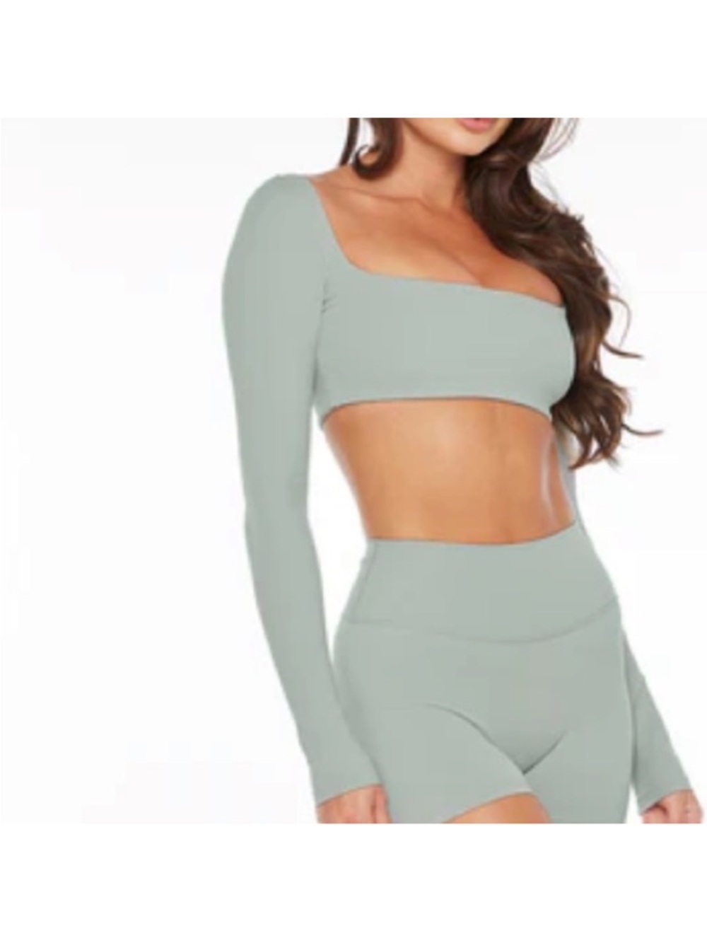CSB Long Sleeve Square Neck Crop Top in Sage Green with Shorts Set - Picture 2 of 7